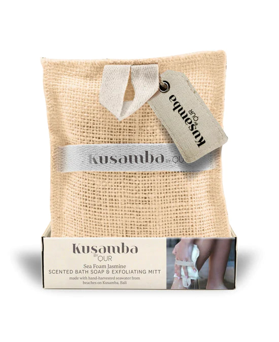Scented Bath Soap and Exfoliating Mitt in a Jute Bag